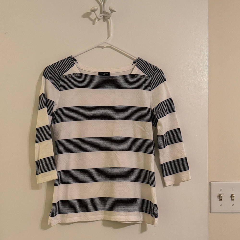 Talbots Black & White Striped Boatneck Pullover button embellishment